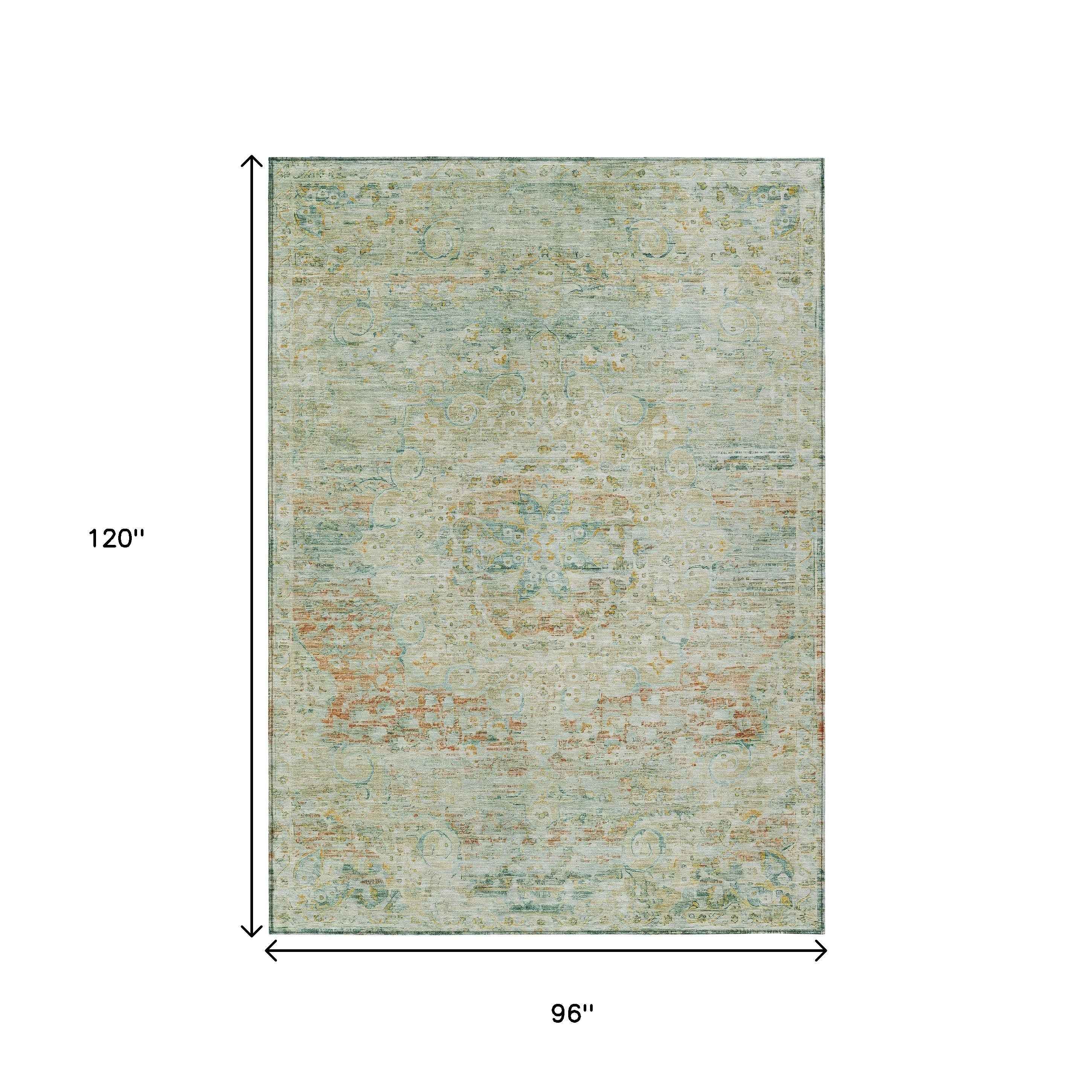 8' X 10' Sage And Copper Medallion Washable Indoor Outdoor Area Rug