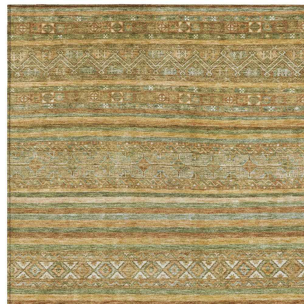 9' X 12' Artichoke Green Gold And Beige Southwestern Washable Indoor Outdoor Area Rug