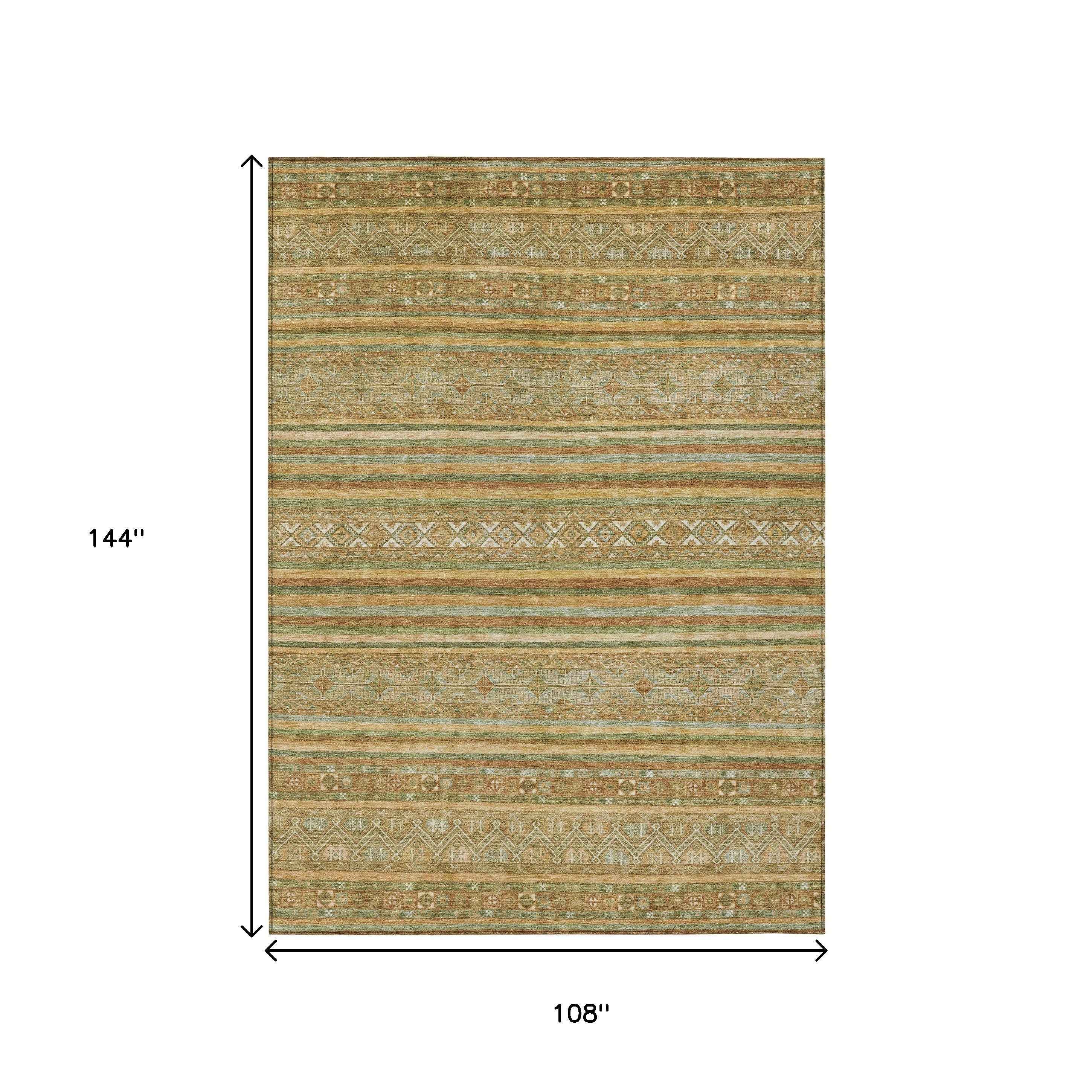 9' X 12' Artichoke Green Gold And Beige Southwestern Washable Indoor Outdoor Area Rug