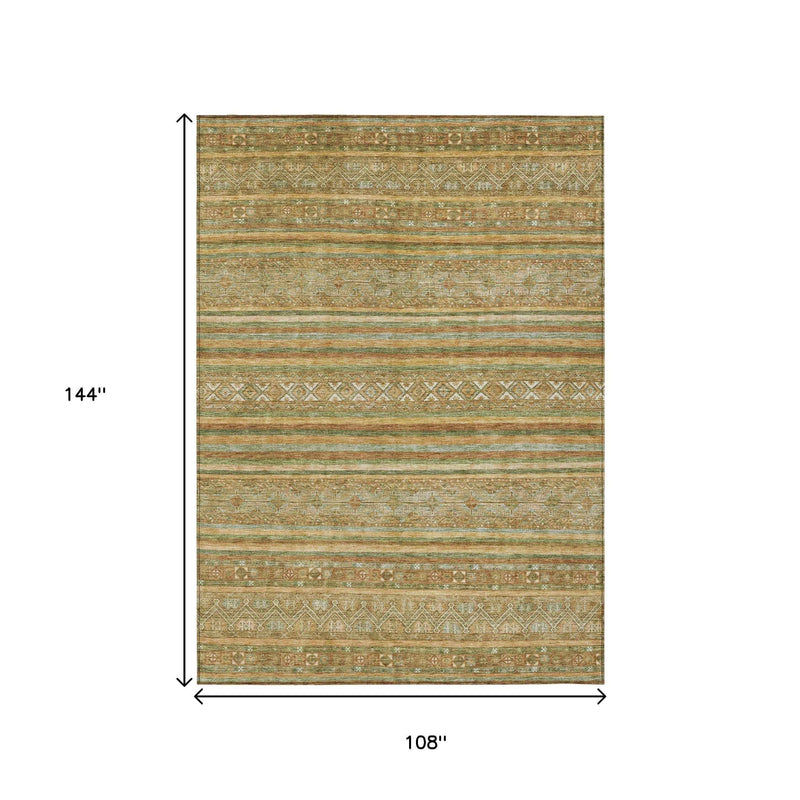 9' X 12' Artichoke Green Gold And Beige Southwestern Washable Indoor Outdoor Area Rug