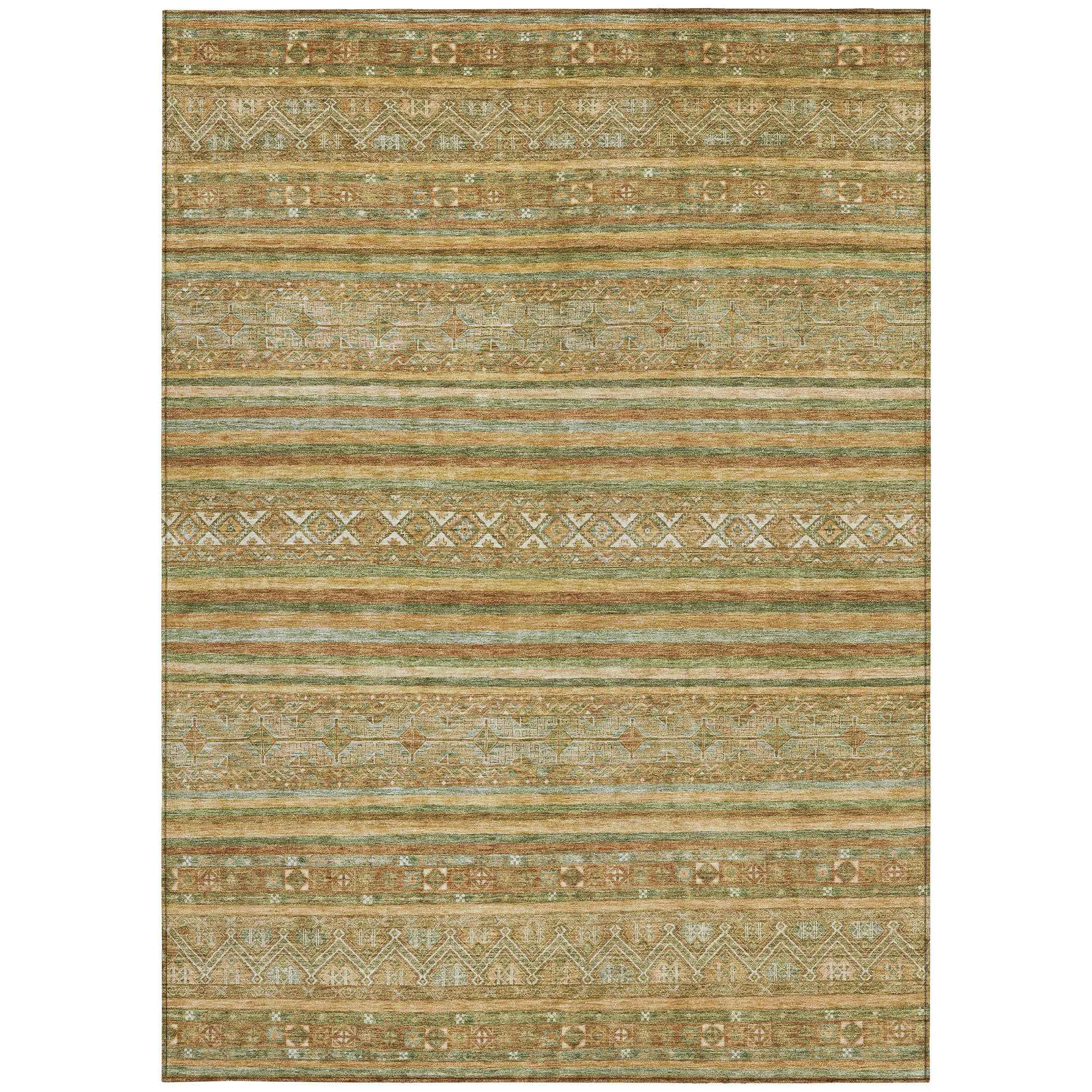 9' X 12' Artichoke Green Gold And Beige Southwestern Washable Indoor Outdoor Area Rug