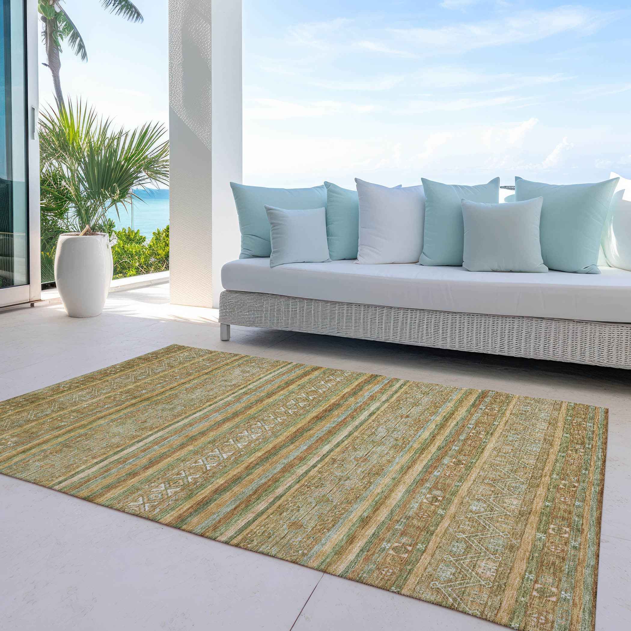 9' X 12' Artichoke Green Gold And Beige Southwestern Washable Indoor Outdoor Area Rug