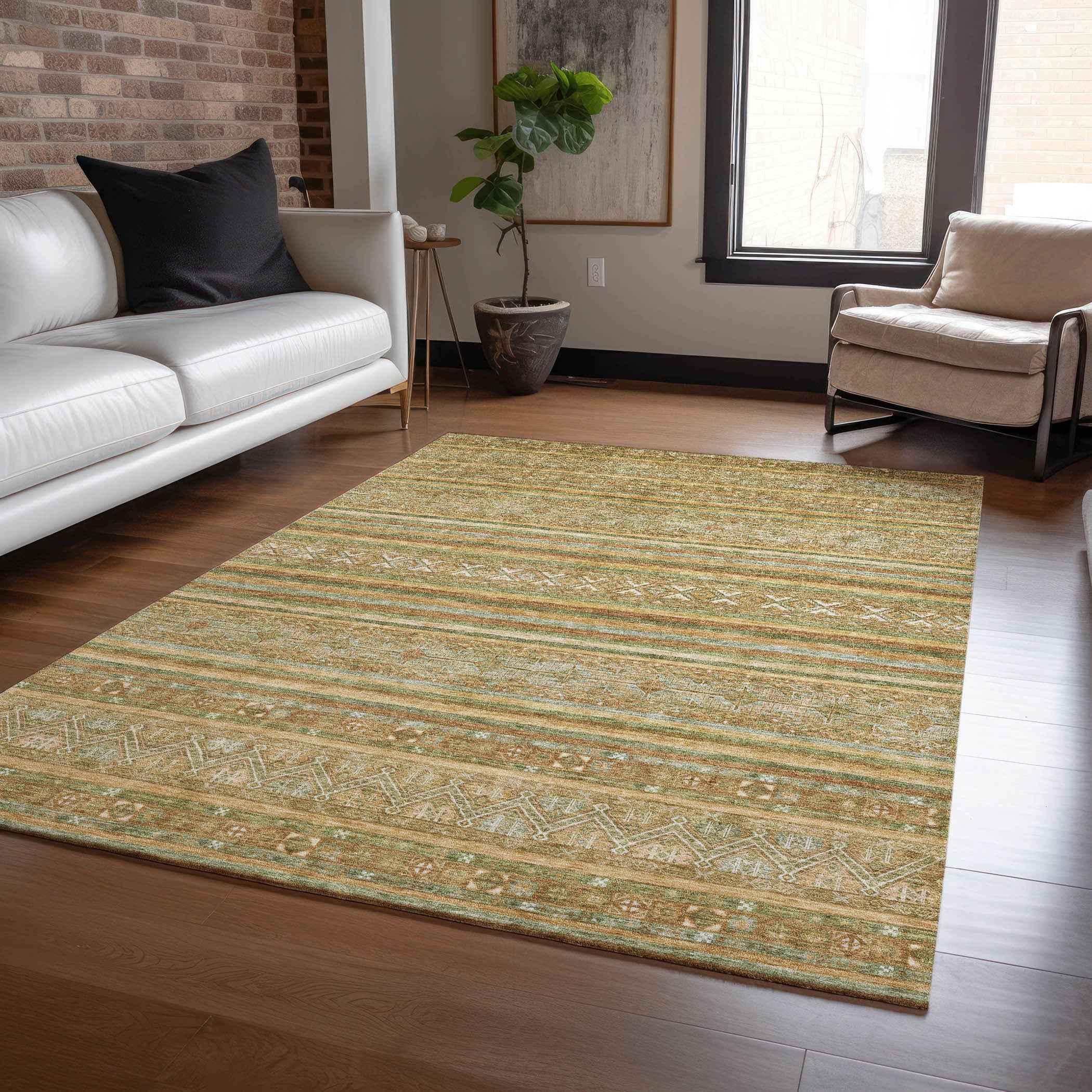 9' X 12' Artichoke Green Gold And Beige Southwestern Washable Indoor Outdoor Area Rug