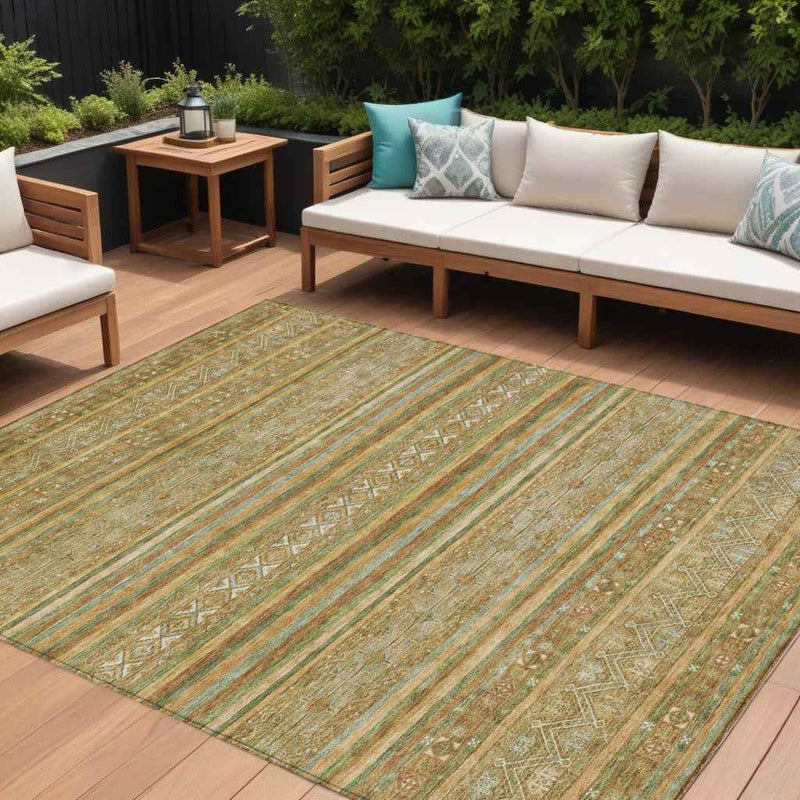 9' X 12' Artichoke Green Gold And Beige Southwestern Washable Indoor Outdoor Area Rug