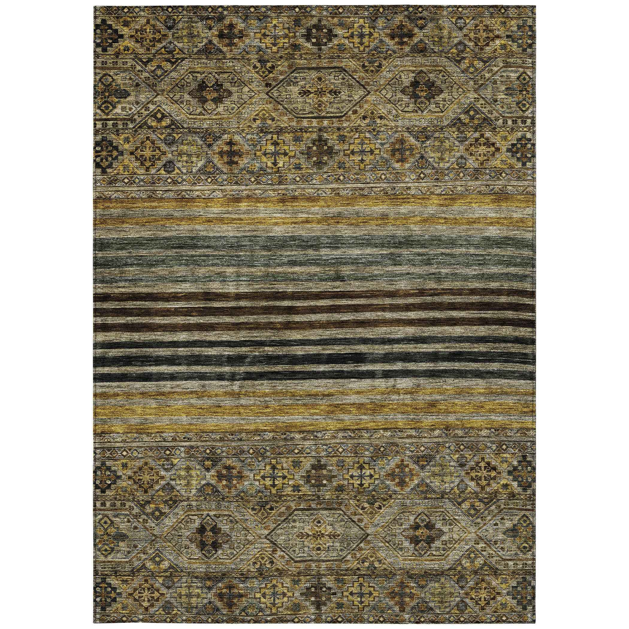 9' X 12' Gray Gold And Brown Medallion Washable Indoor Outdoor Area Rug
