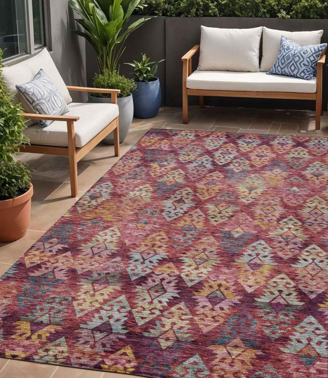 5' X 8' Rust Gold And Blush Aztec Washable Indoor Outdoor Area Rug
