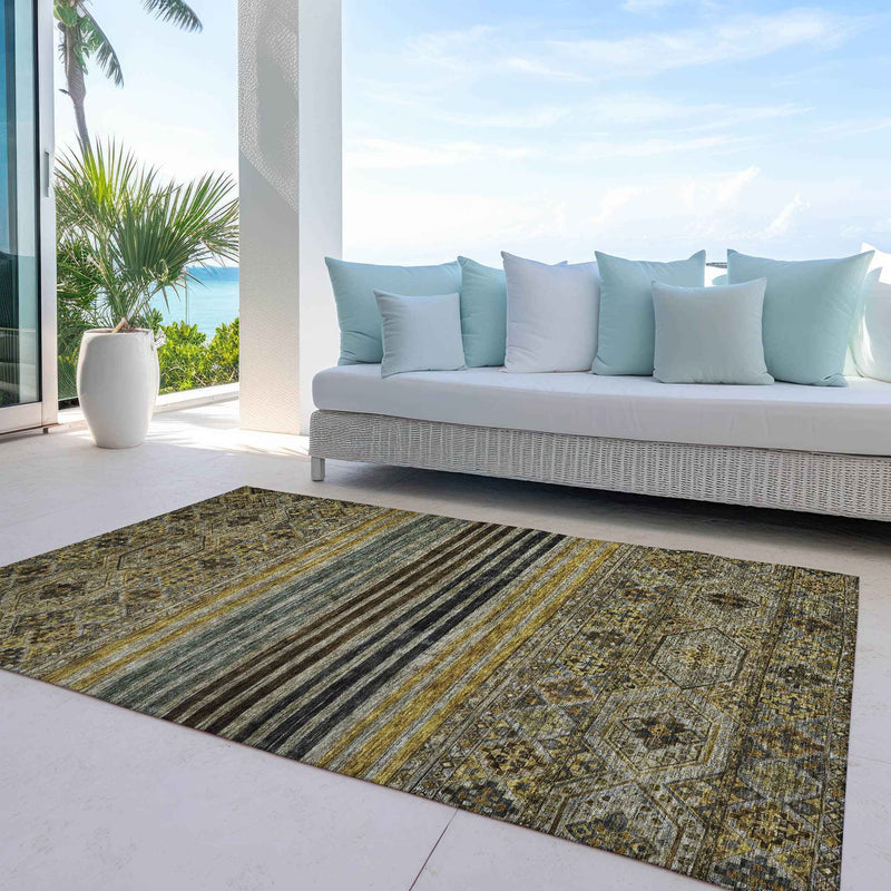 9' X 12' Gray Gold And Brown Medallion Washable Indoor Outdoor Area Rug