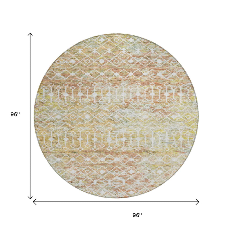 8' Peach And Ivory Round Argyle Washable Indoor Outdoor Area Rug