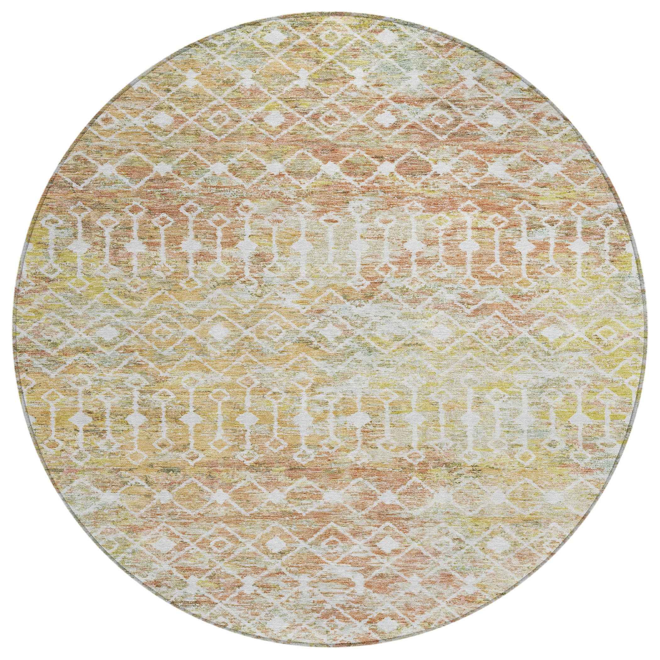 8' Peach And Ivory Round Argyle Washable Indoor Outdoor Area Rug