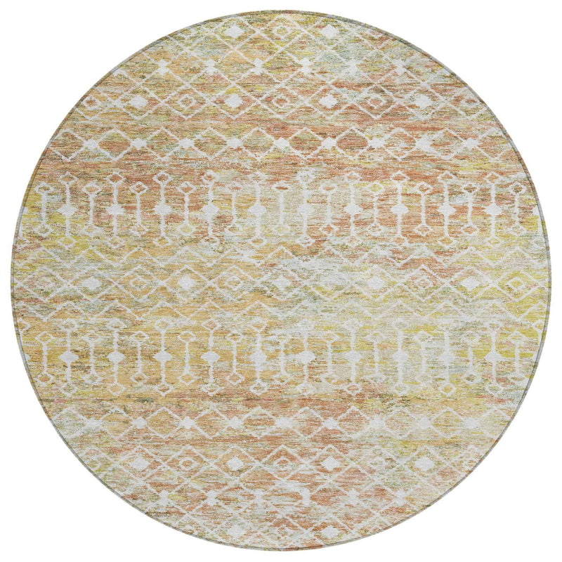 8' Peach And Ivory Round Argyle Washable Indoor Outdoor Area Rug