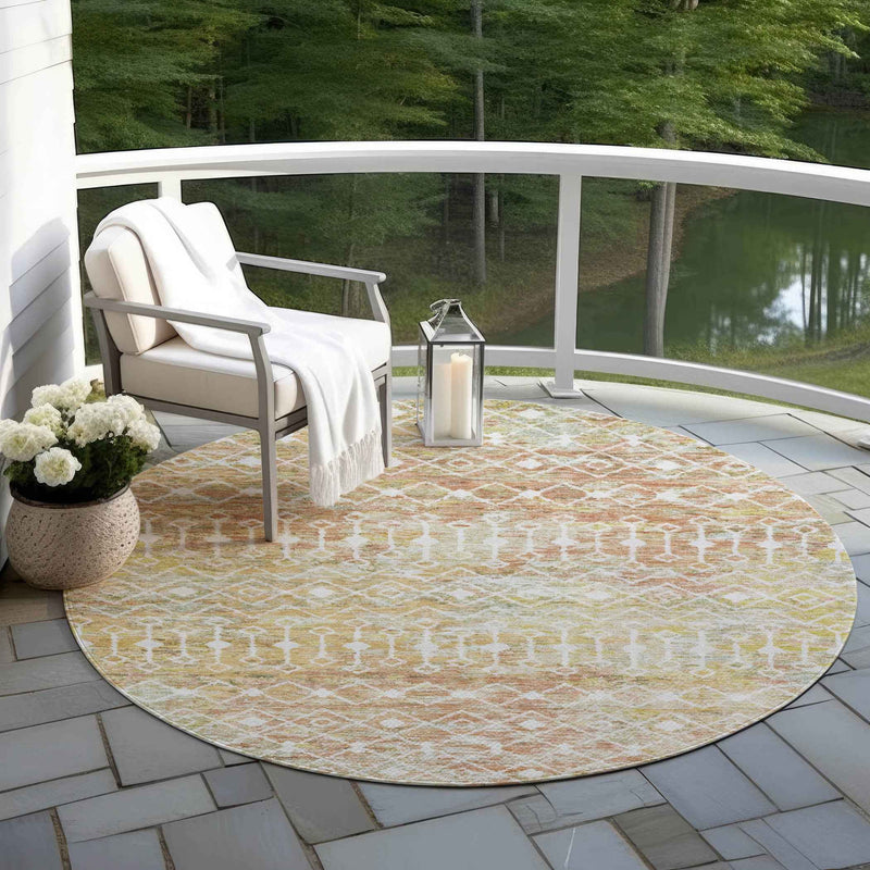 8' Peach And Ivory Round Argyle Washable Indoor Outdoor Area Rug