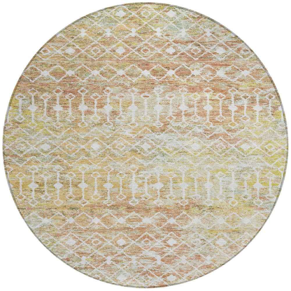8' Peach And Ivory Round Argyle Washable Indoor Outdoor Area Rug