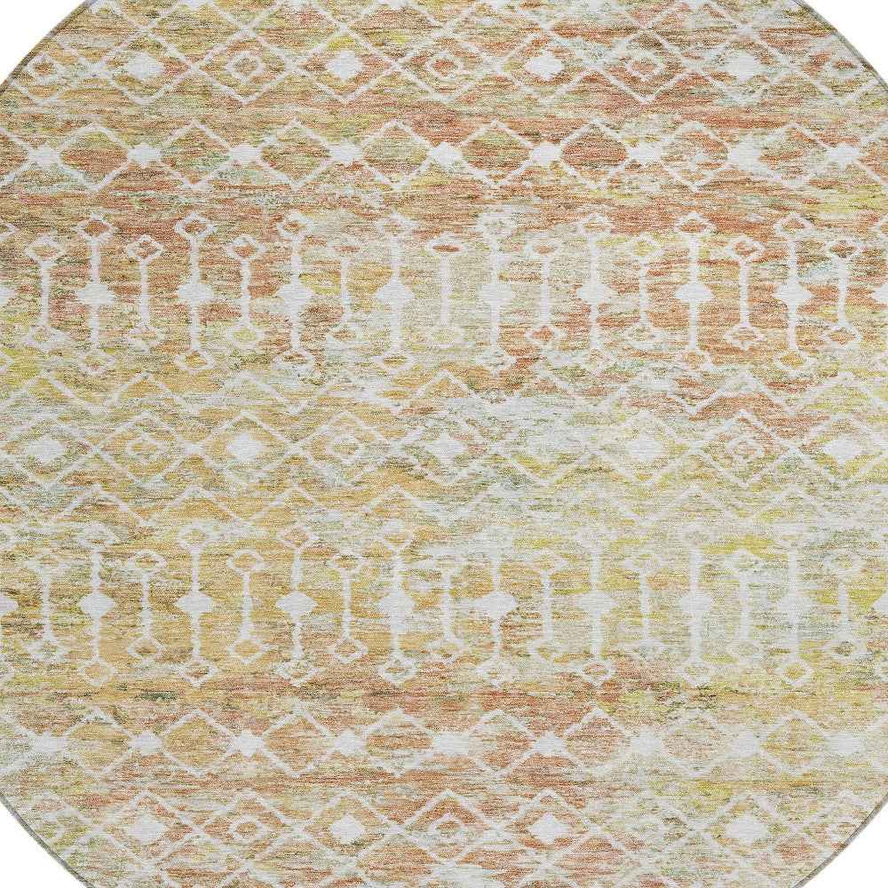 8' Peach And Ivory Round Argyle Washable Indoor Outdoor Area Rug