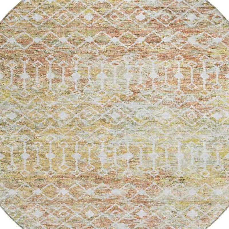 8' Peach And Ivory Round Argyle Washable Indoor Outdoor Area Rug