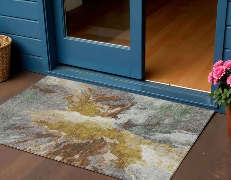 3' X 5' Gold And Gray Abstract Washable Indoor Outdoor Area Rug
