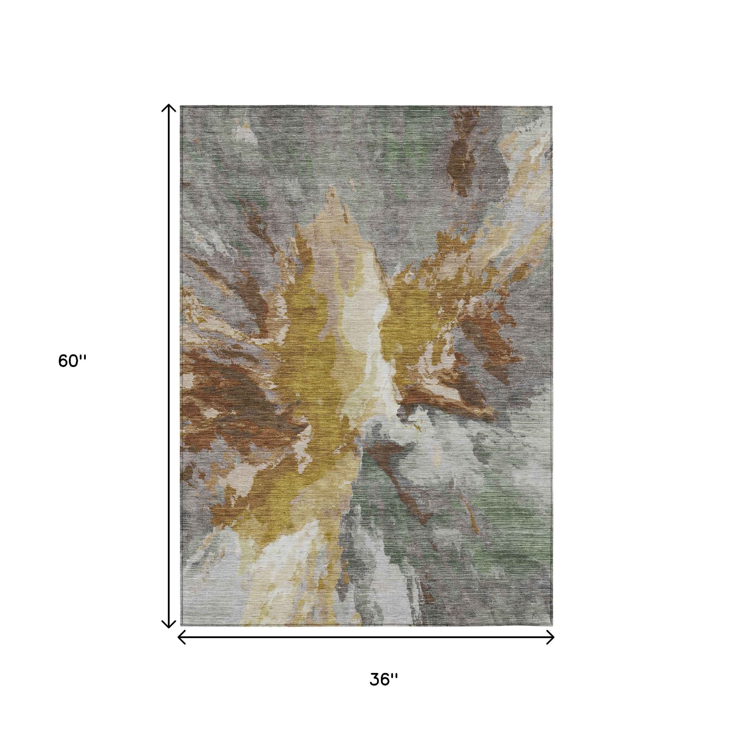 3' X 5' Gold And Gray Abstract Washable Indoor Outdoor Area Rug