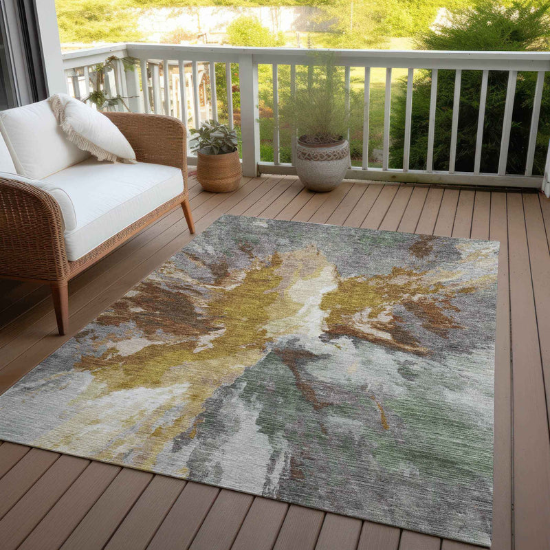 3' X 5' Gold And Gray Abstract Washable Indoor Outdoor Area Rug