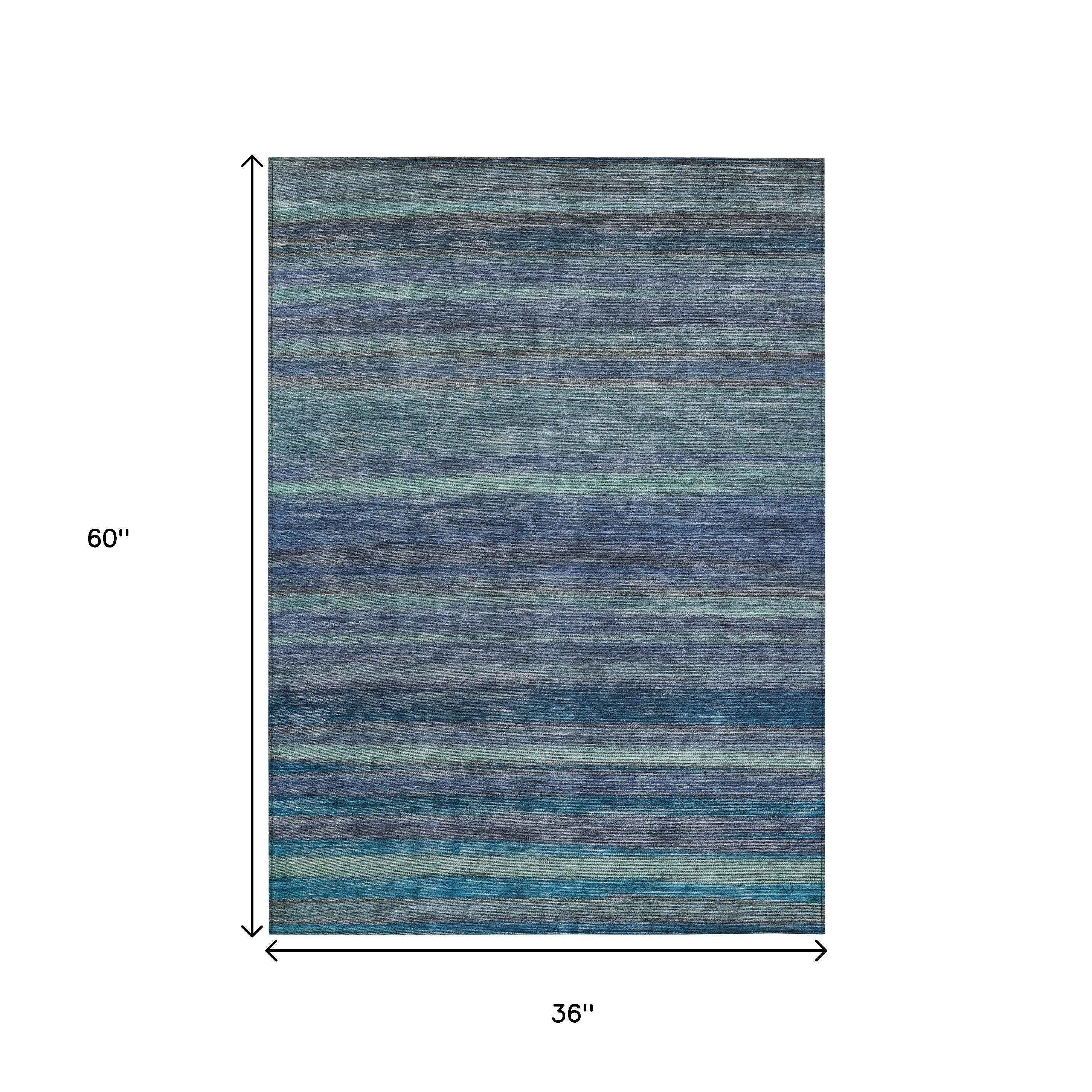 3' X 5' Blue And Gray Striped Washable Indoor Outdoor Area Rug