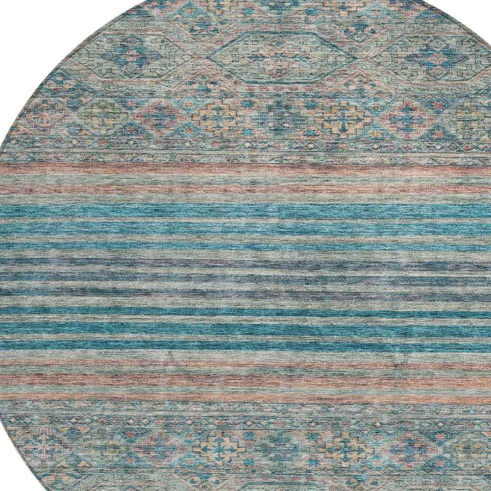 8' Teal Blue Salmon And Beige Round Medallion Washable Indoor Outdoor Area Rug