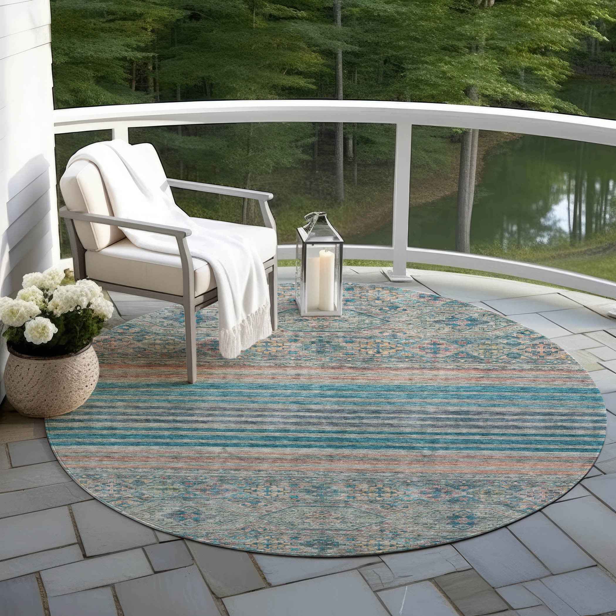 8' Teal Blue Salmon And Beige Round Medallion Washable Indoor Outdoor Area Rug