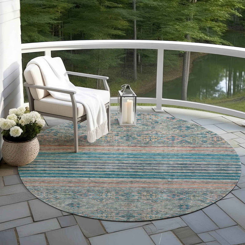 8' Teal Blue Salmon And Beige Round Medallion Washable Indoor Outdoor Area Rug