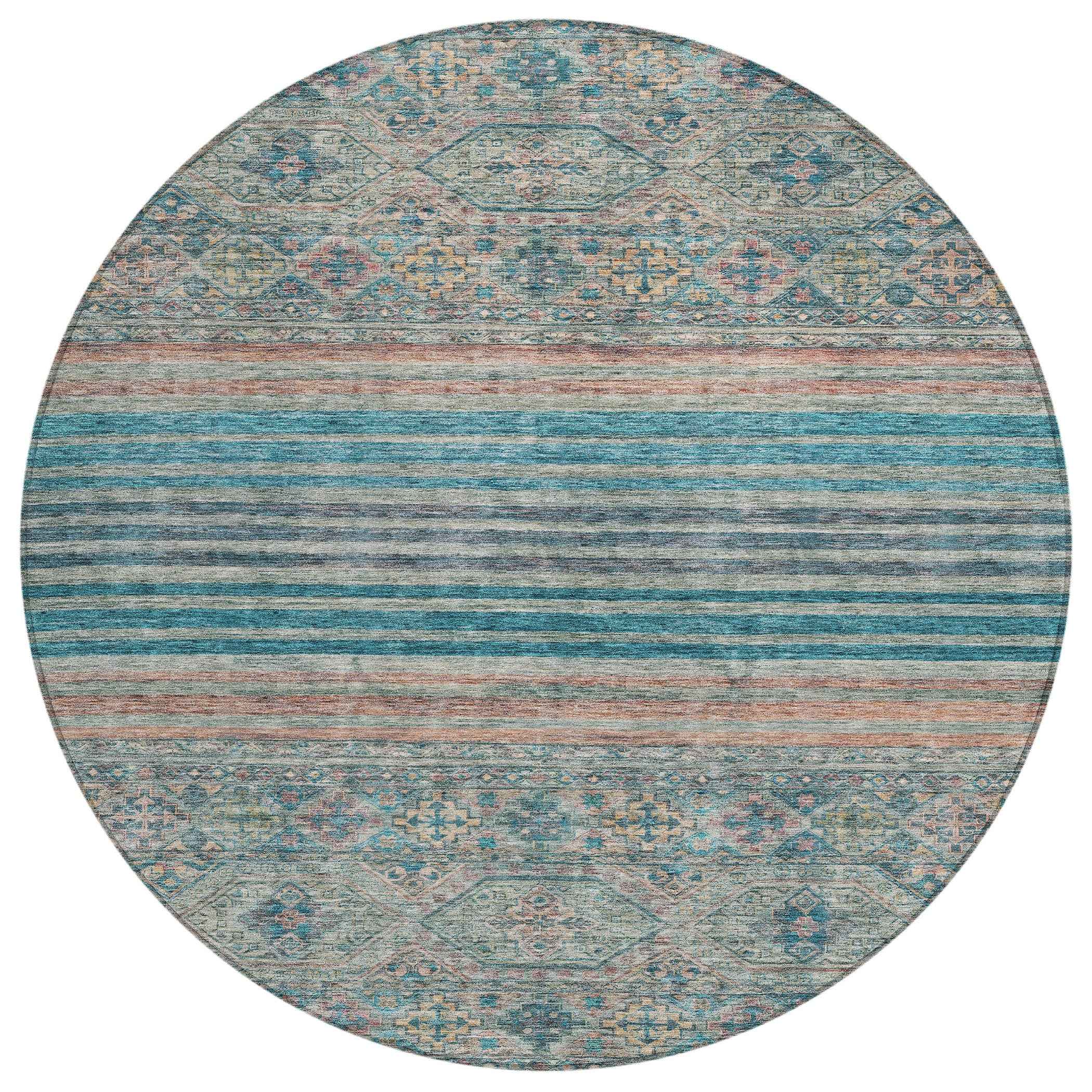 8' Teal Blue Salmon And Beige Round Medallion Washable Indoor Outdoor Area Rug