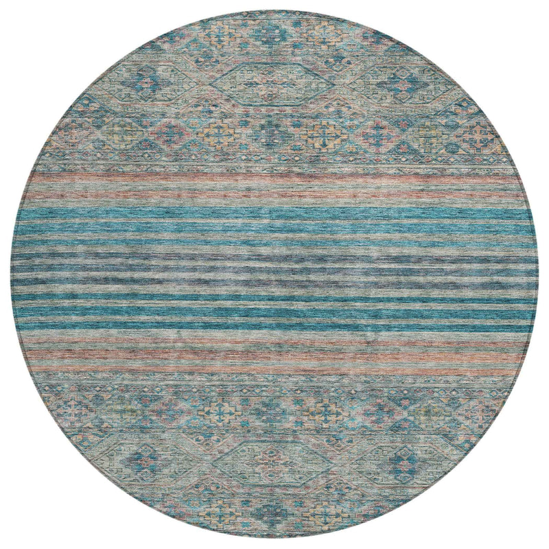 8' Teal Blue Salmon And Beige Round Medallion Washable Indoor Outdoor Area Rug