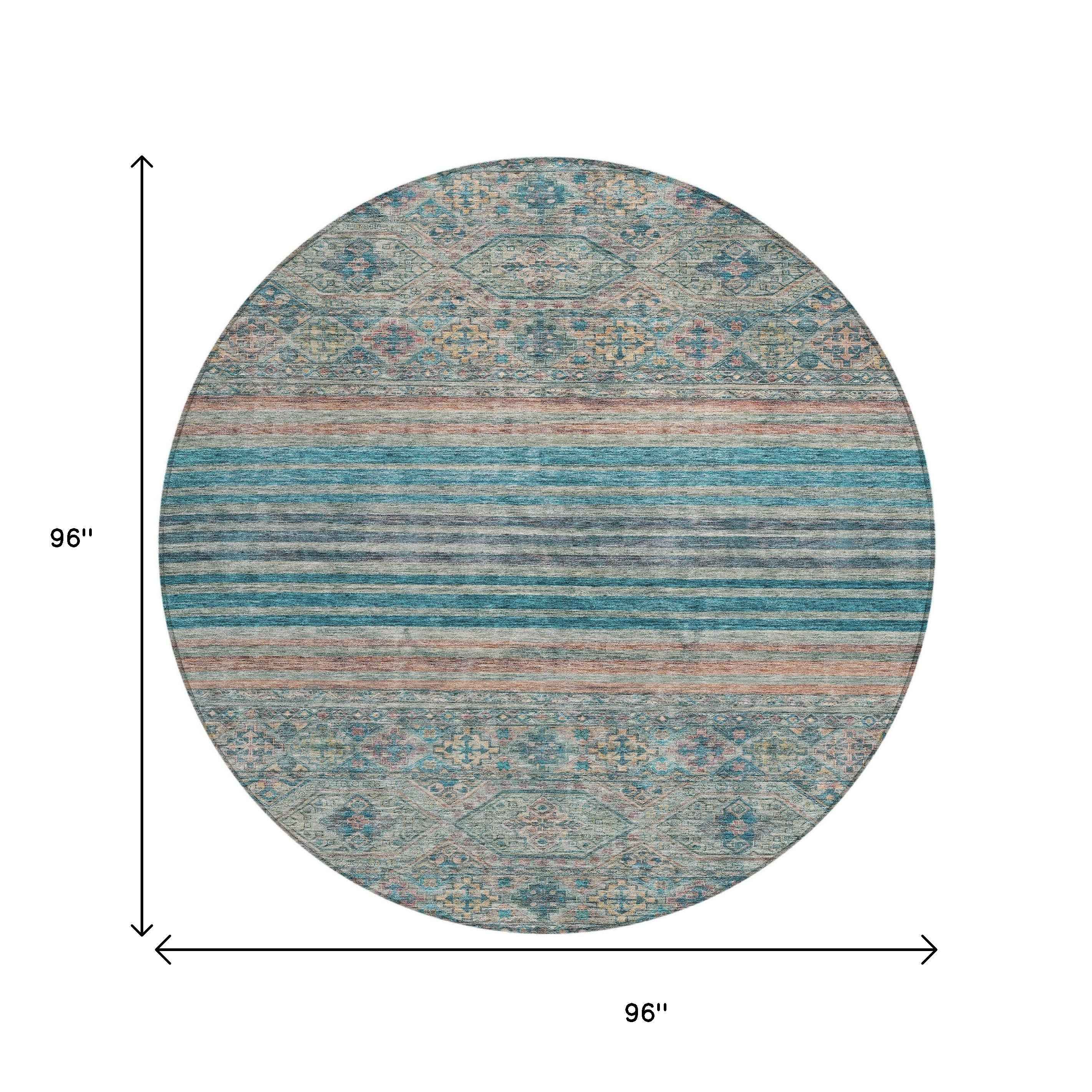 8' Teal Blue Salmon And Beige Round Medallion Washable Indoor Outdoor Area Rug