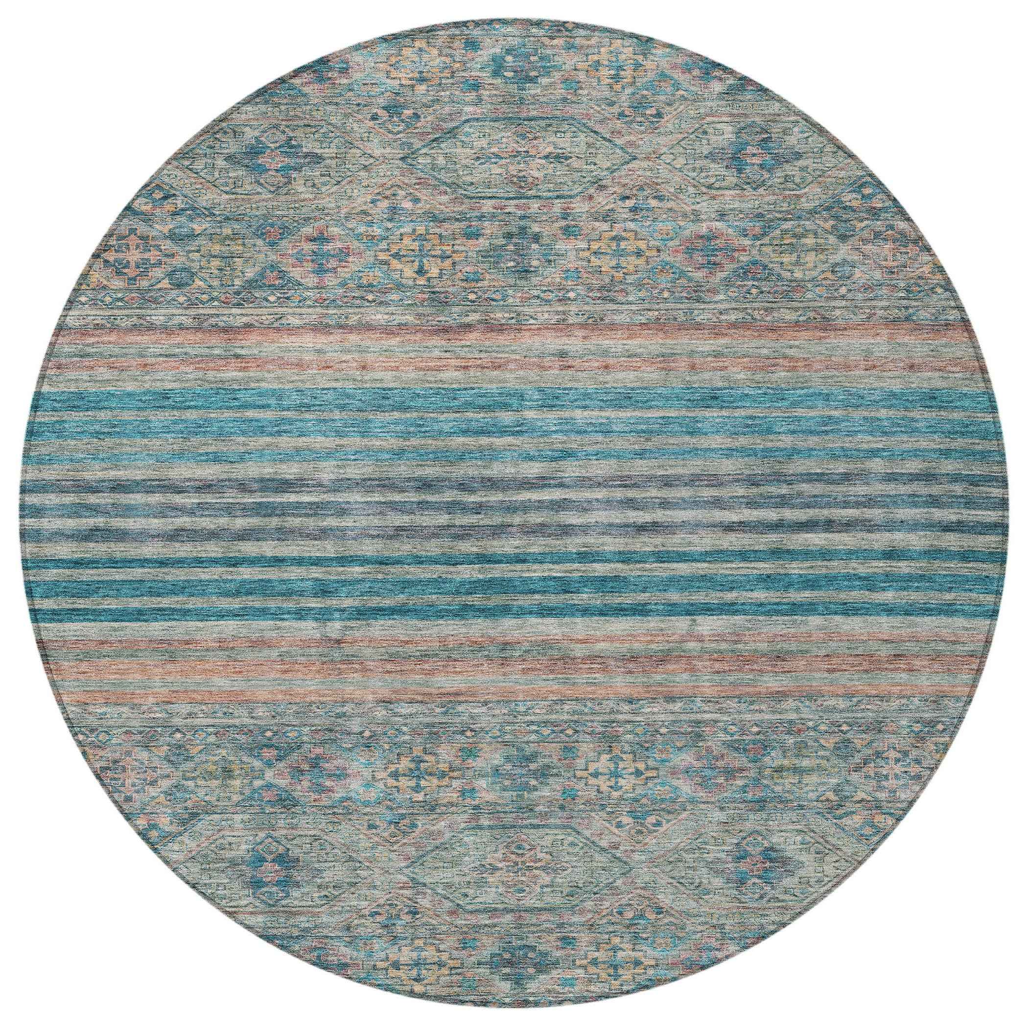 8' Teal Blue Salmon And Beige Round Medallion Washable Indoor Outdoor Area Rug