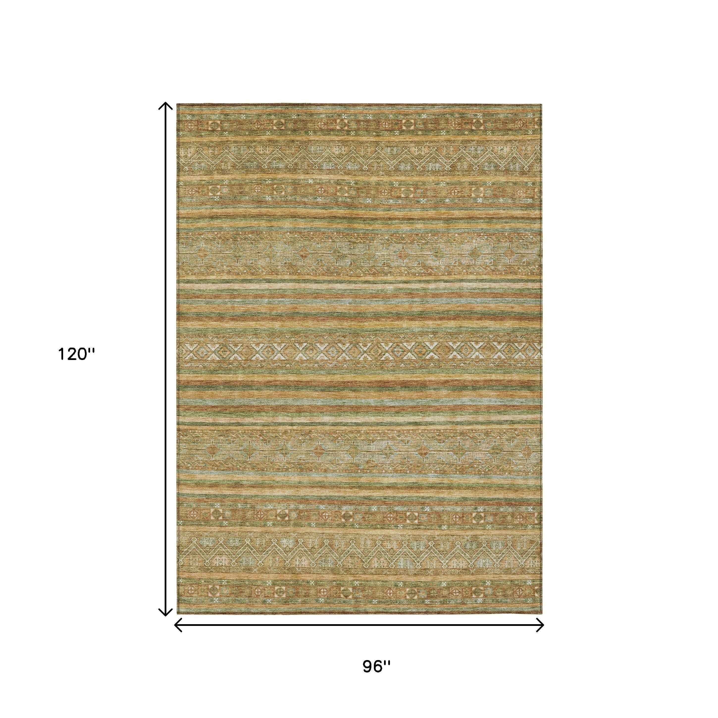 8' X 10' Artichoke Green Gold And Beige Southwestern Washable Indoor Outdoor Area Rug