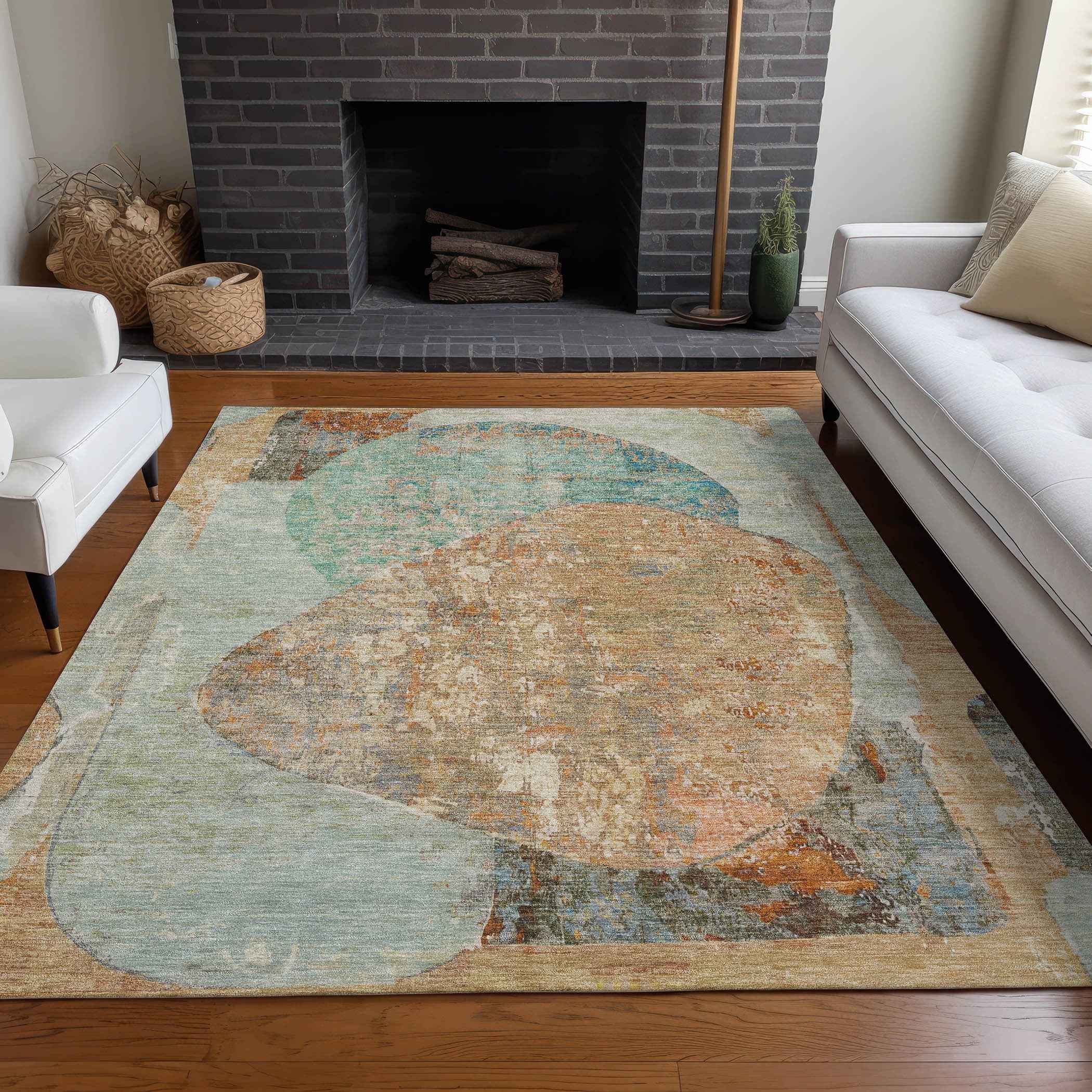 10' X 14' Teal Blue And Copper Abstract Washable Indoor Outdoor Area Rug