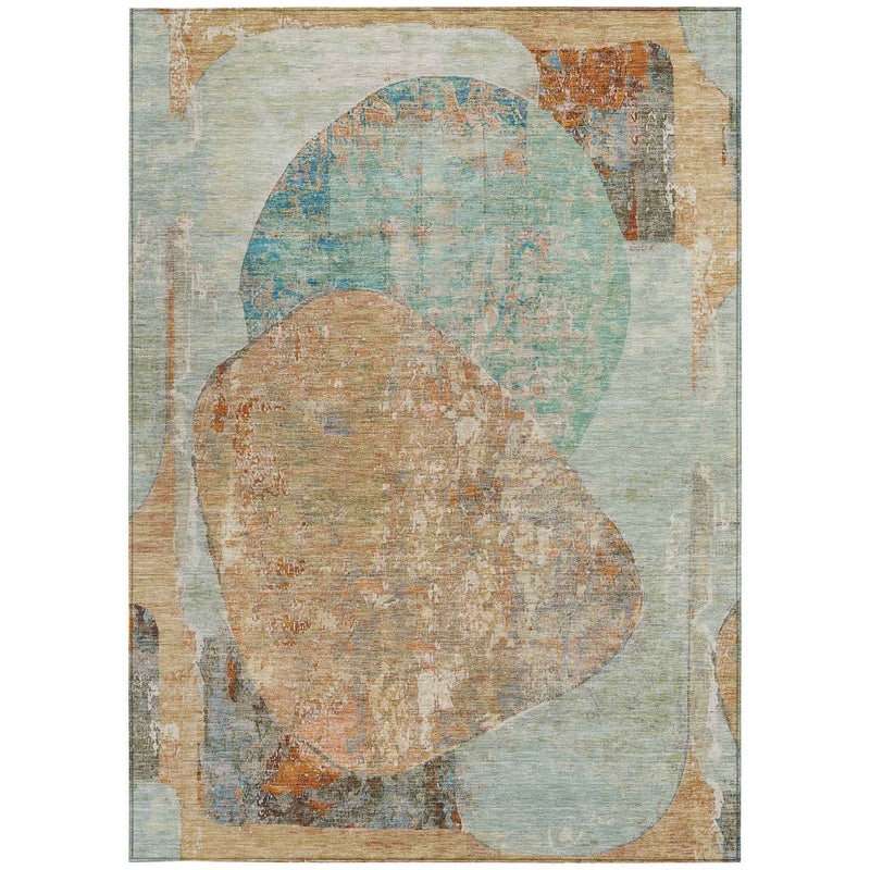 10' X 14' Teal Blue And Copper Abstract Washable Indoor Outdoor Area Rug