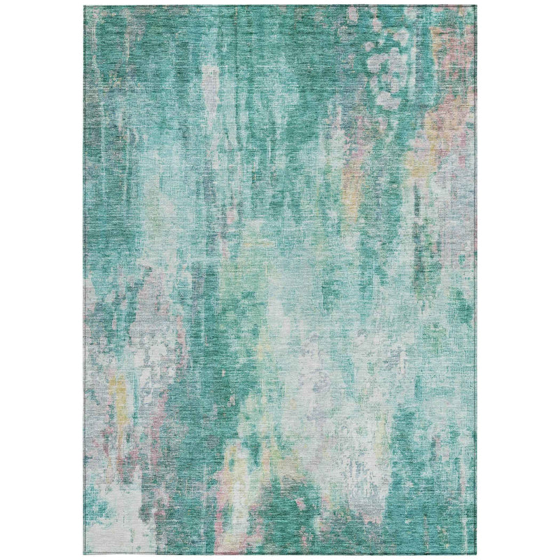 10' X 14' Teal Blue Peach And Ivory Abstract Washable Indoor Outdoor Area Rug