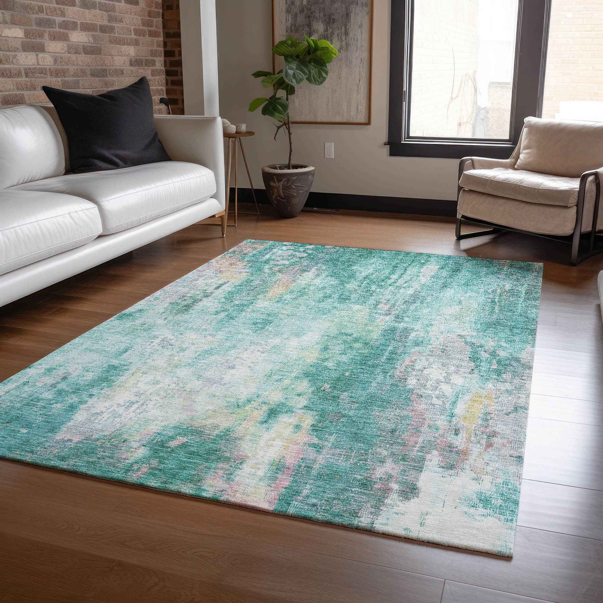 10' X 14' Teal Blue Peach And Ivory Abstract Washable Indoor Outdoor Area Rug