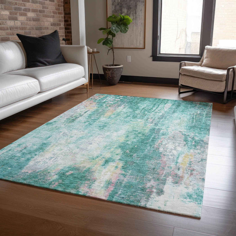 10' X 14' Teal Blue Peach And Ivory Abstract Washable Indoor Outdoor Area Rug