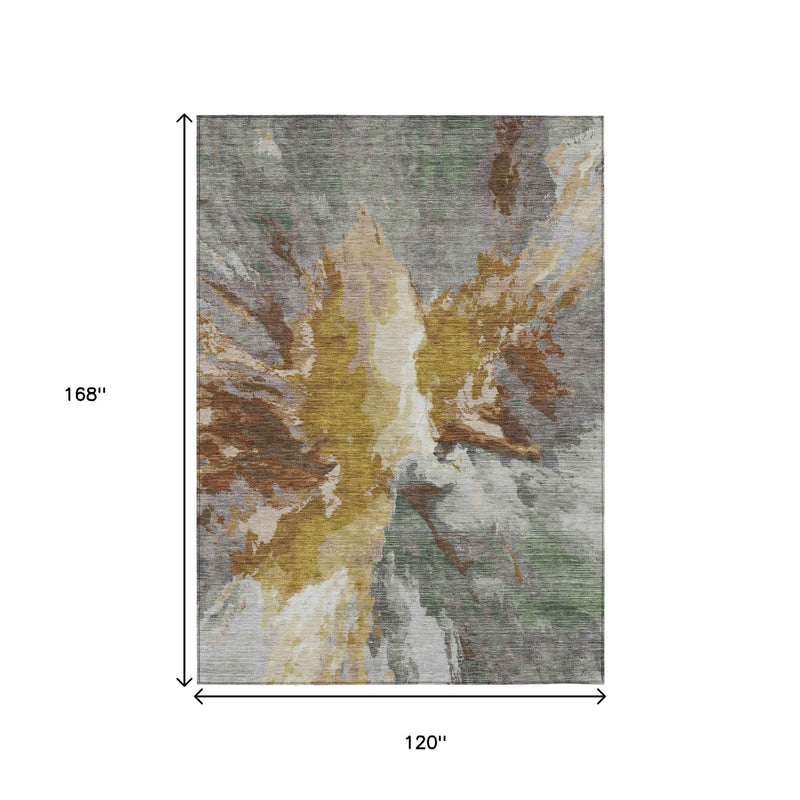 10' X 14' Gold And Gray Abstract Washable Indoor Outdoor Area Rug