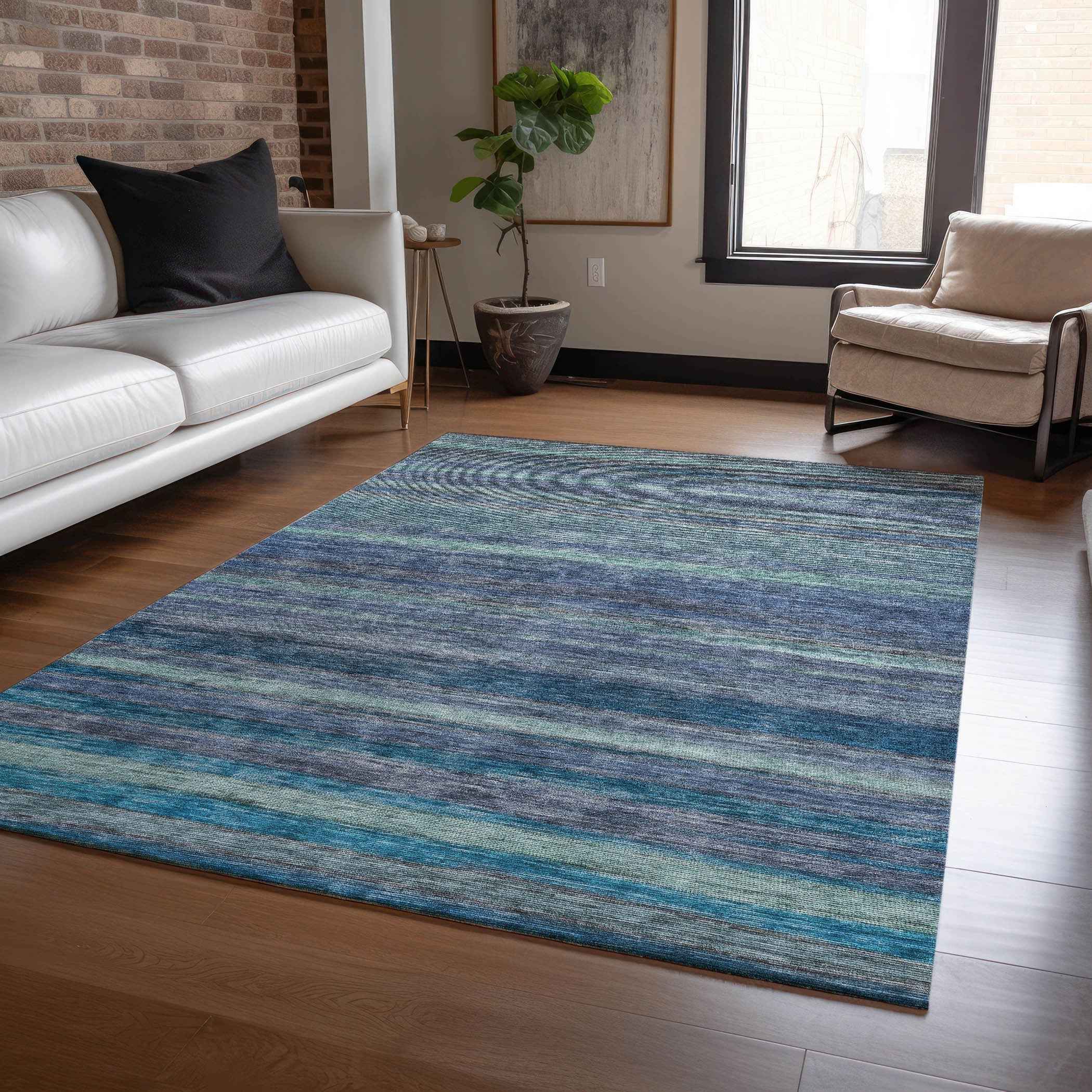 9' X 12' Blue And Gray Striped Washable Indoor Outdoor Area Rug