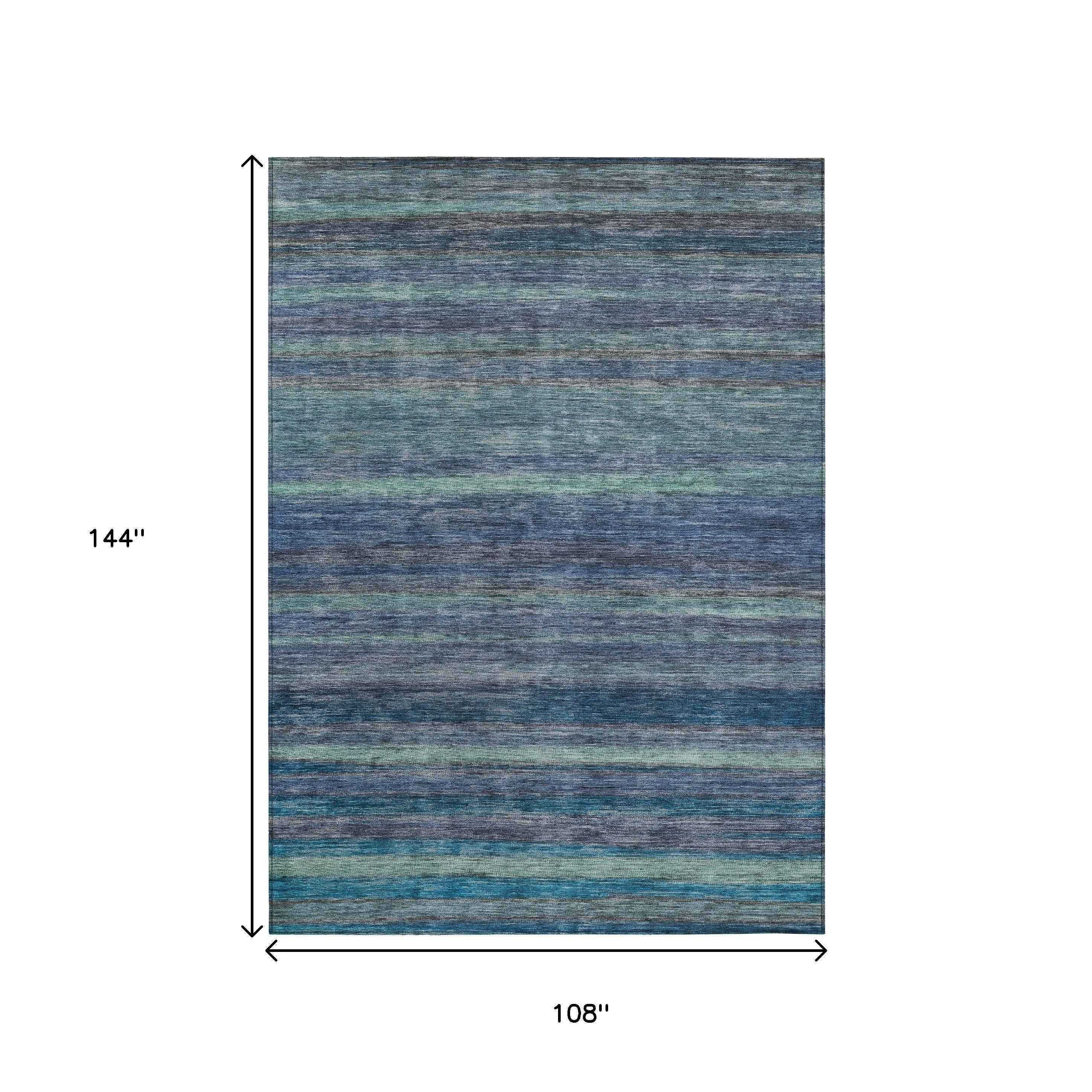 9' X 12' Blue And Gray Striped Washable Indoor Outdoor Area Rug