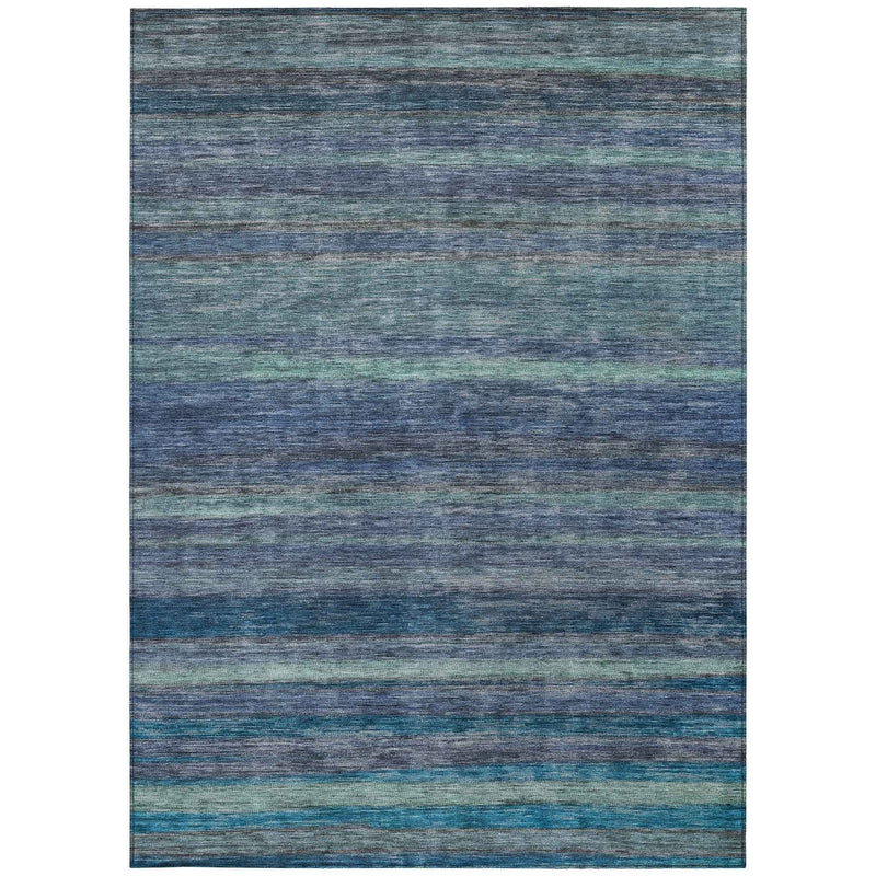 9' X 12' Blue And Gray Striped Washable Indoor Outdoor Area Rug