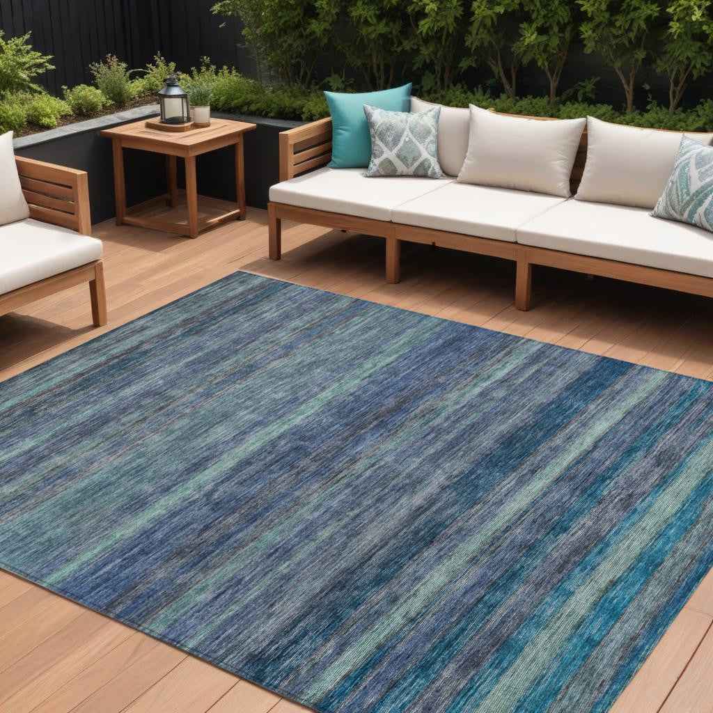 9' X 12' Blue And Gray Striped Washable Indoor Outdoor Area Rug