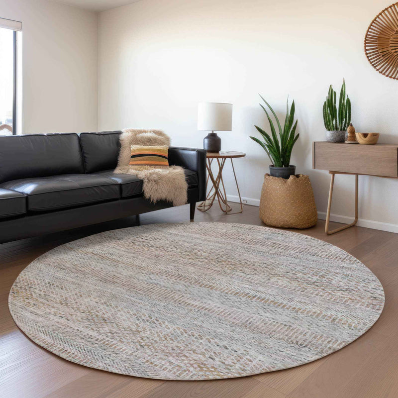 8' Linen And Gray Round Striped Washable Indoor Outdoor Area Rug