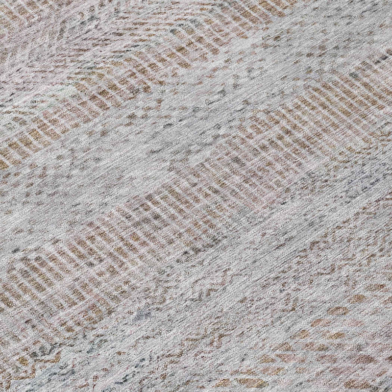 8' Linen And Gray Round Striped Washable Indoor Outdoor Area Rug