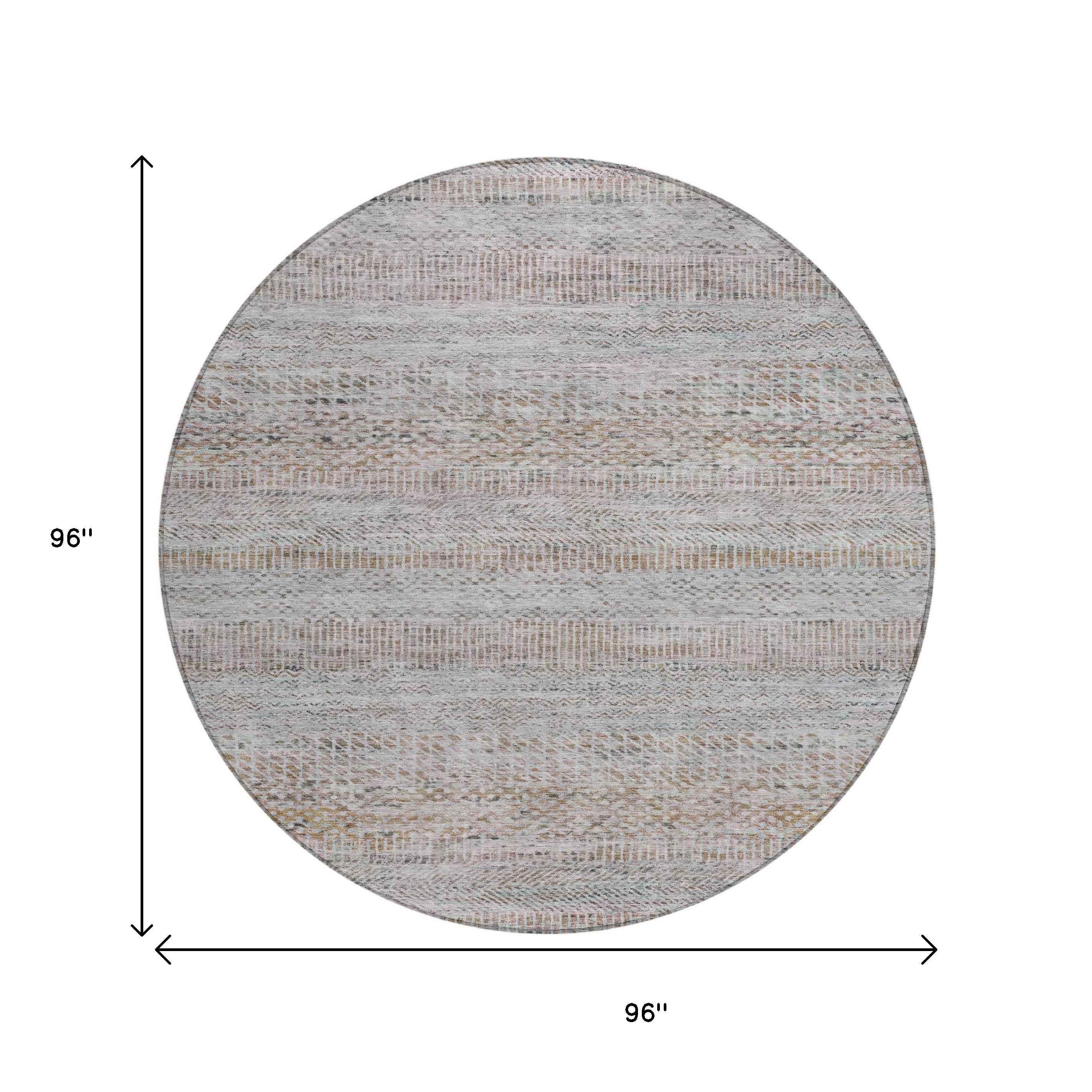8' Linen And Gray Round Striped Washable Indoor Outdoor Area Rug