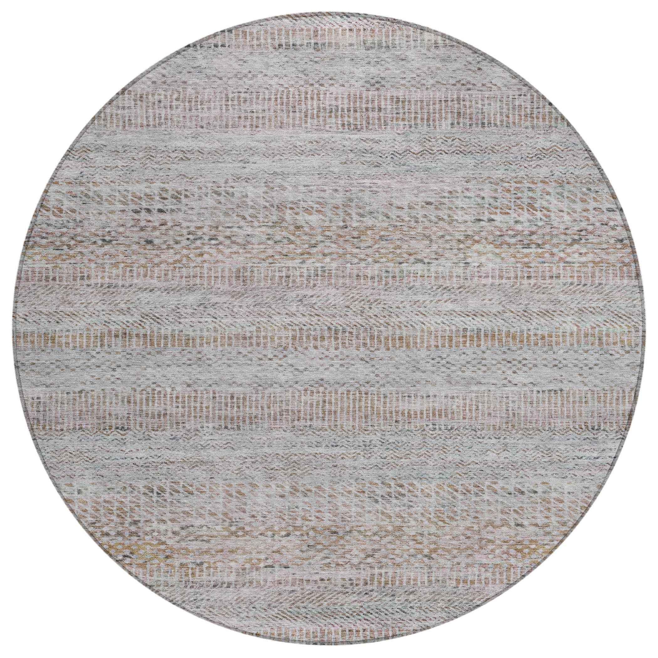 8' Linen And Gray Round Striped Washable Indoor Outdoor Area Rug