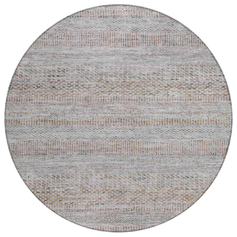 8' Linen And Gray Round Striped Washable Indoor Outdoor Area Rug
