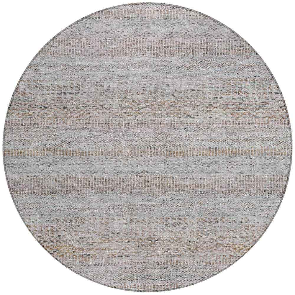 8' Linen And Gray Round Striped Washable Indoor Outdoor Area Rug