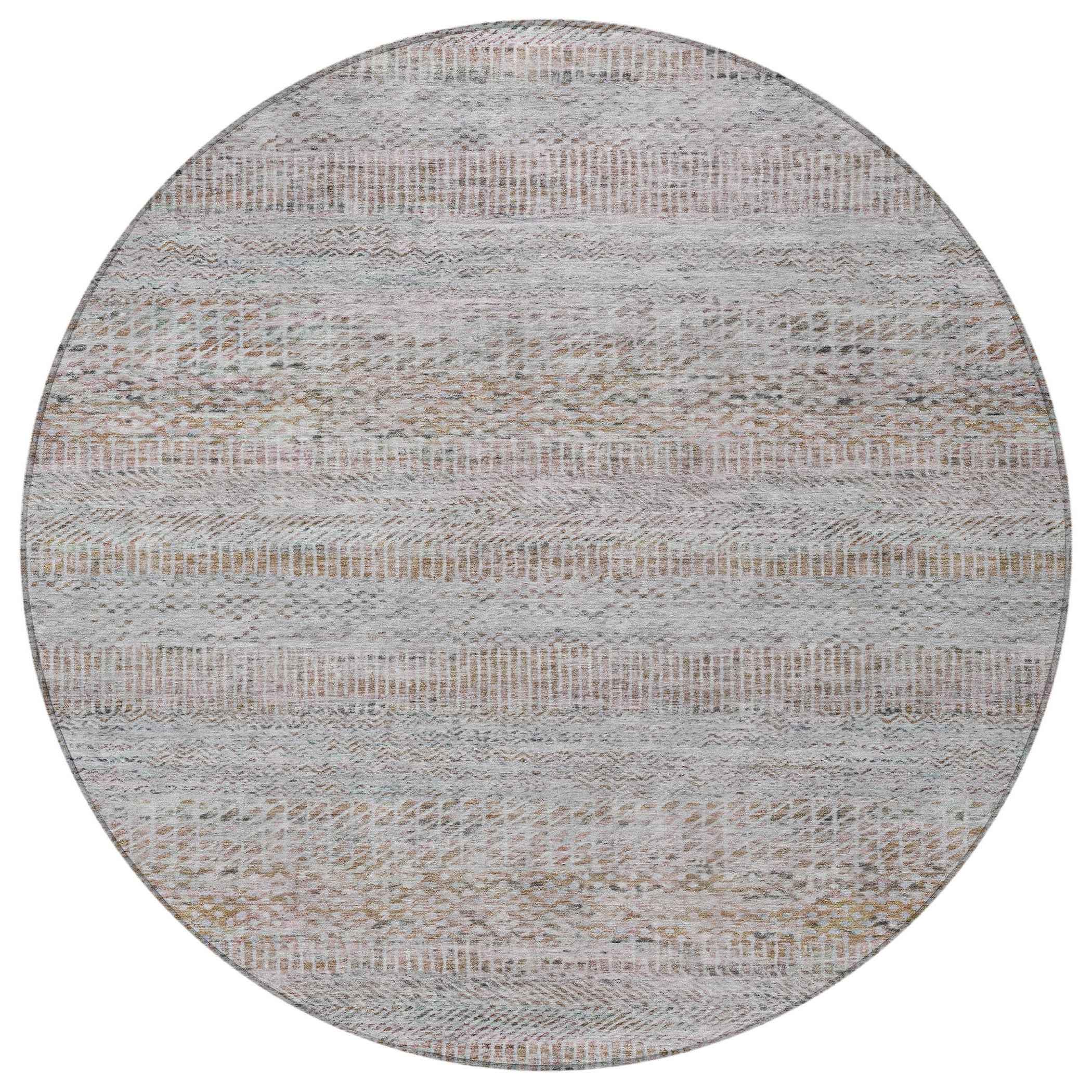 8' Linen And Gray Round Striped Washable Indoor Outdoor Area Rug