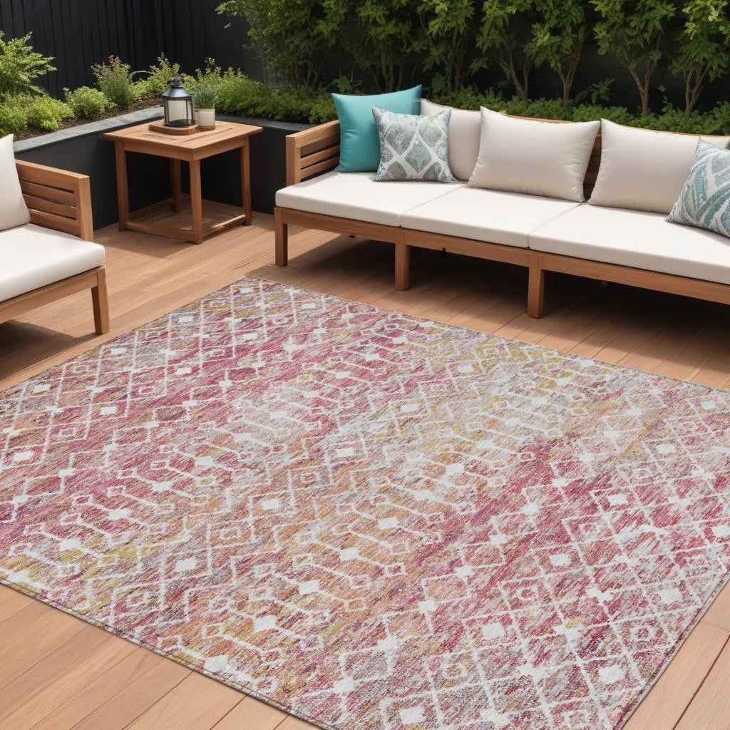 8' X 10' Pink And Ivory Argyle Washable Indoor Outdoor Area Rug