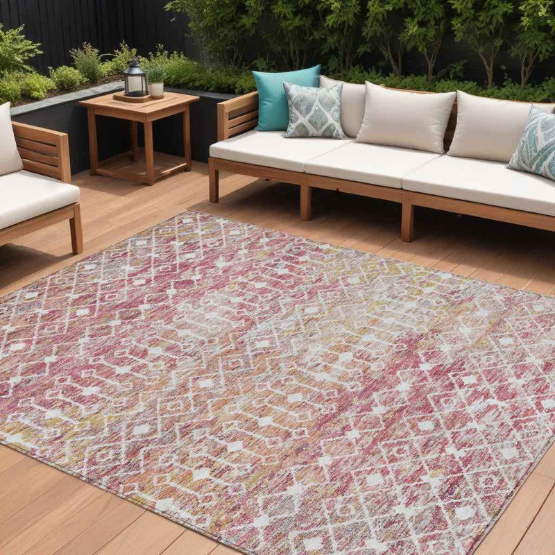 8' X 10' Pink And Ivory Argyle Washable Indoor Outdoor Area Rug