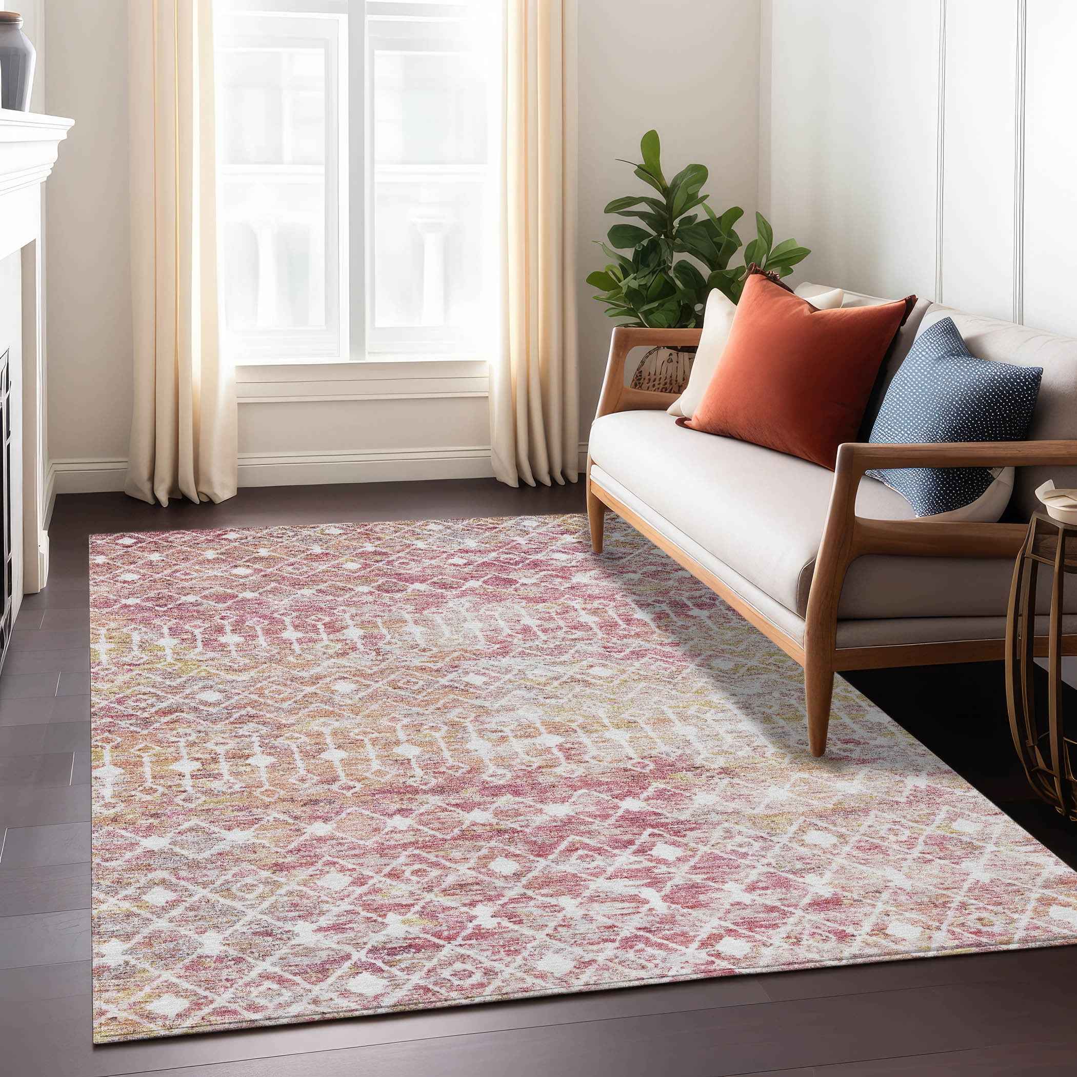 8' X 10' Pink And Ivory Argyle Washable Indoor Outdoor Area Rug